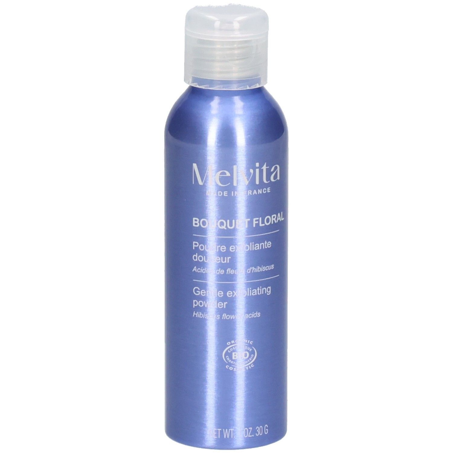 Flacon bleu de poudre exfoliante douceur Melvita, 30g.