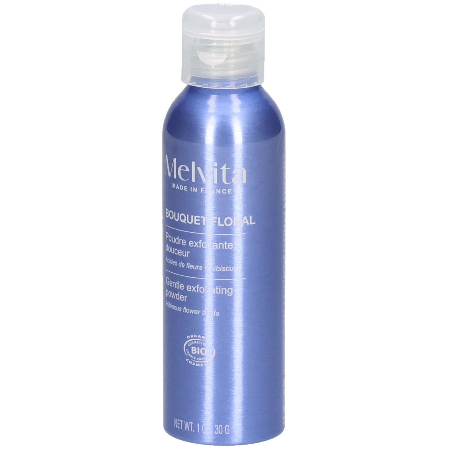 Flacon bleu de poudre exfoliante douceur Melvita, 30g.