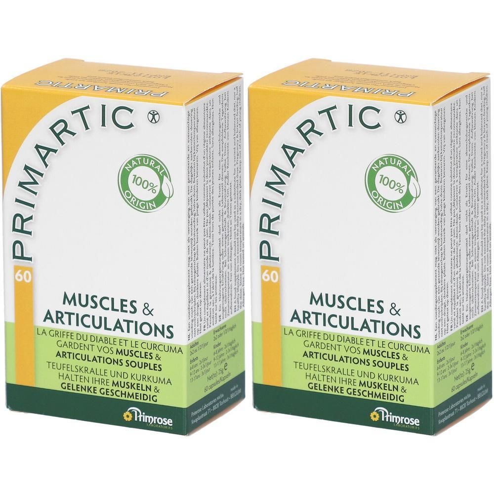 Twee dozen "Primartic". Opschrift: "Muscles & Articulations". Groen-gele verpakking met logo en 100% Natural Origin zegel.
