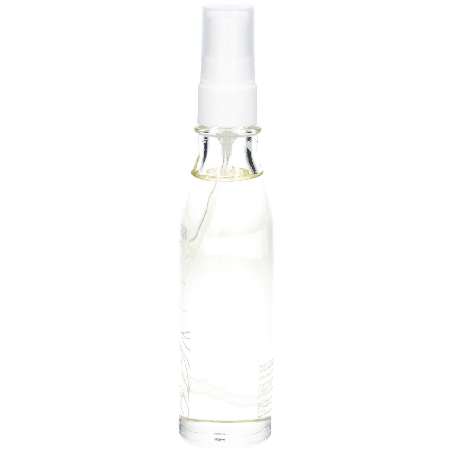 Flacon en verre avec vaporisateur. Contient de l'huile dorée. Étiquette avec texte.