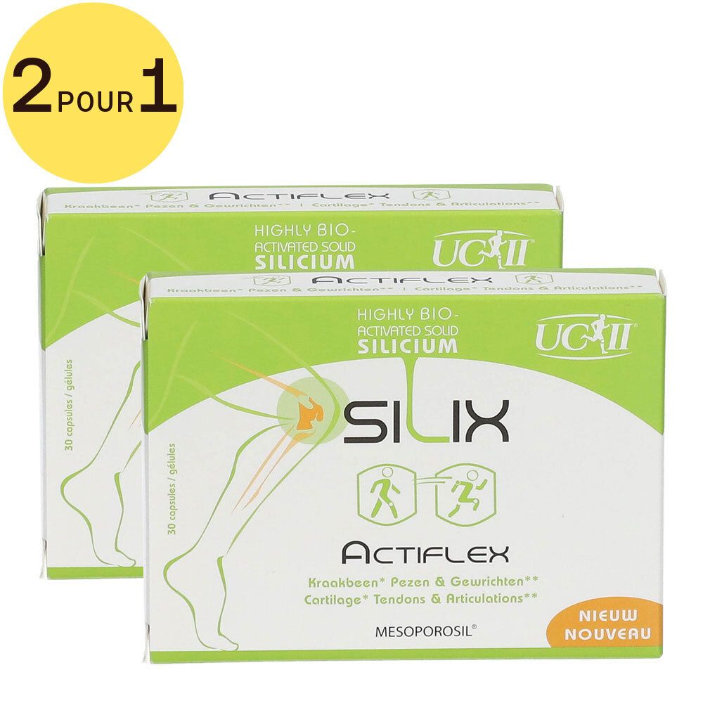 Deux boîtes vertes avec le logo "Silix Actiflex" et des informations sur le produit. Inscription "2 pour 1".