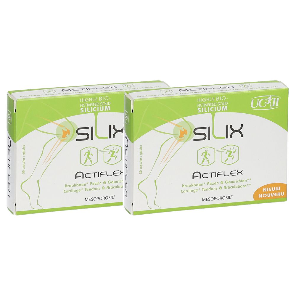 Deux boîtes vertes avec le logo "Silix Actiflex" et des informations sur le produit. Inscription "Nieuw Nouveau".