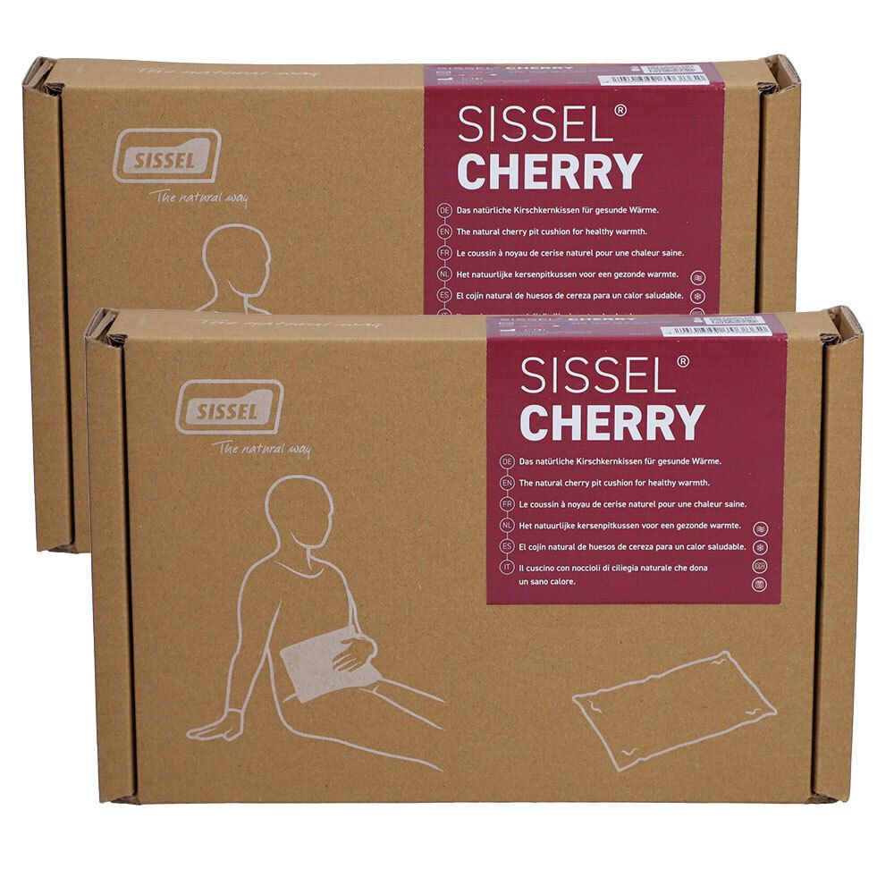 Deux boîtes avec impression du produit. Inscription : Sissel Cherry. Illustration d'une personne avec un coussin. Boîtes marron avec texte rouge.