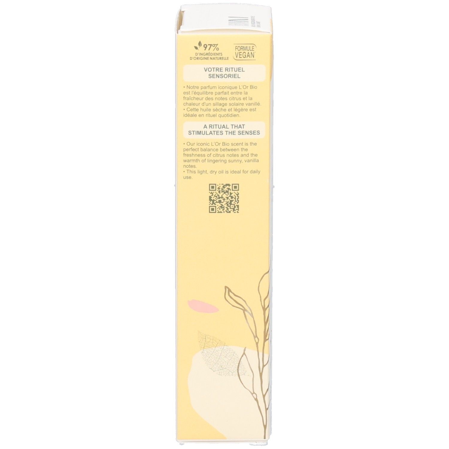 Melvita doos met productinformatie en QR-code.