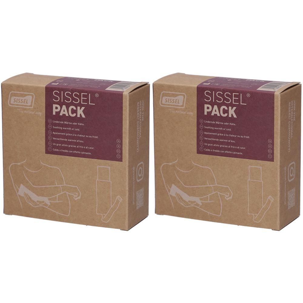 Twee rechthoekige dozen. Opdruk: Sissel Pack. Opschrift in meerdere talen. Illustratie van een arm met kompres. Bruine verpakking.