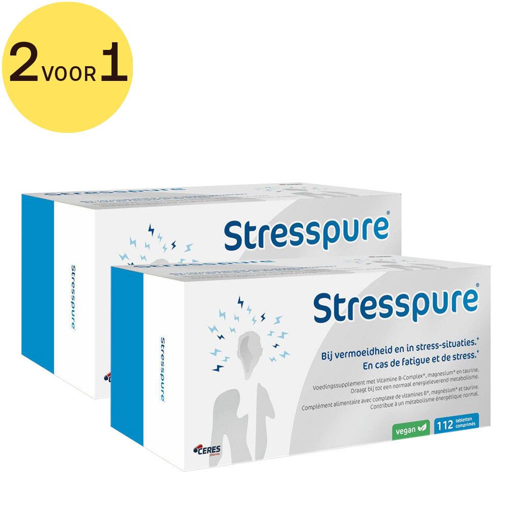 Twee witte dozen met blauwe accenten. Opschrift "Stresspure". Tekst in het Nederlands en Frans. Vegan-zegel. Cirkel "2 voor 1".
