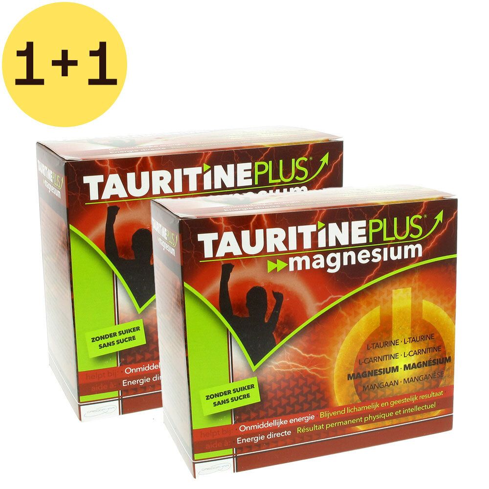 Twee verpakkingen Tauritine Plus Magnesium. Opschrift: Tauritine Plus Magnesium, zonder suiker. Gele cirkel met "1+1".