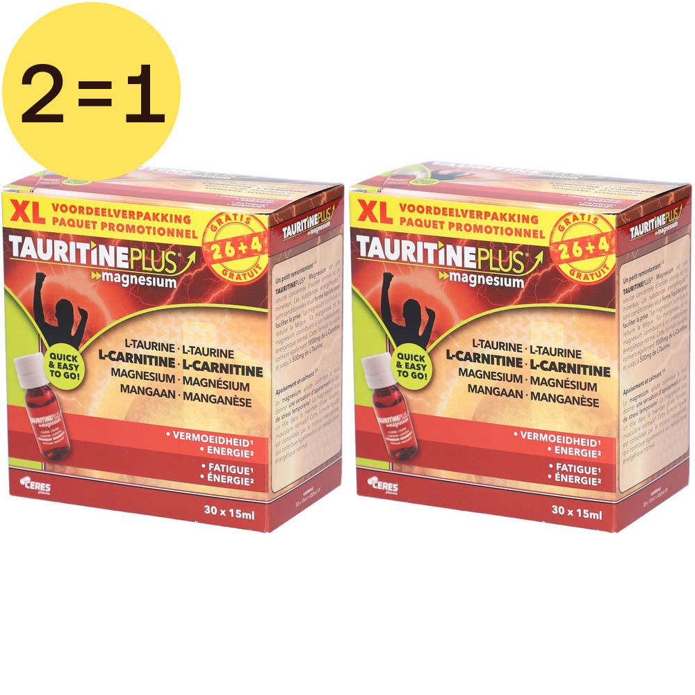 Twee dozen Tauritine Plus Magnesium. Opschrift: XL voordeelverpakking, 26+4 gratis. Bevat L-Taurine, L-Carnitine, Magnesium, Mangaan.