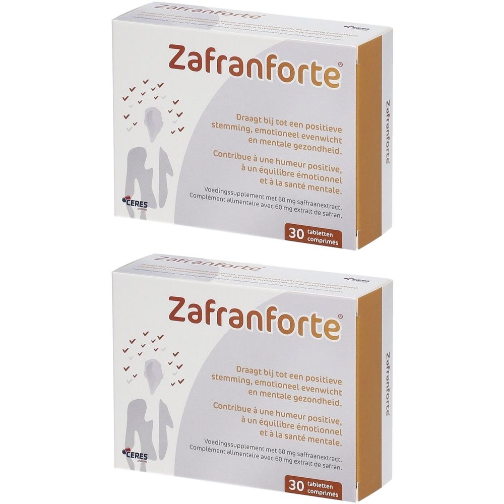 Twee dozen Zafranforte. Witte verpakking met bruine accenten. Opschrift Zafranforte. Tekst in het Nederlands en Frans. 30 tabletten.