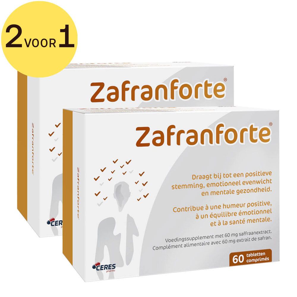 Twee witte dozen "Zafranforte". Meertalige opschriften. 60 tabletten. Sticker "2 voor 1". Merk Ceres.