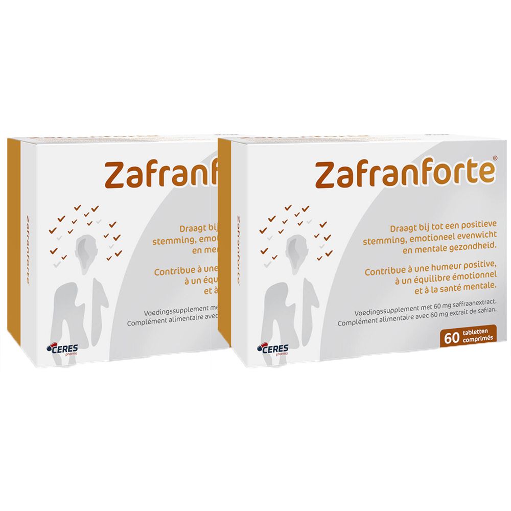 Twee witte dozen met "Zafranforte". Meertalige opschriften. 60 tabletten. Merk Ceres.