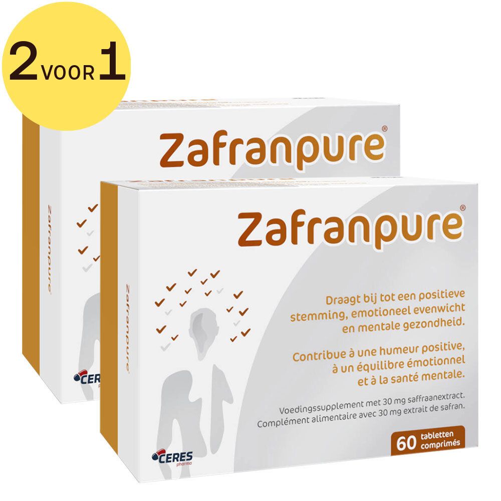 Twee verpakkingen Zafranpure®. Witte dozen met bruine tekst en illustraties. Tekst in het Nederlands en Frans. 60 tabletten. Gele sticker: 2 voor 1.
