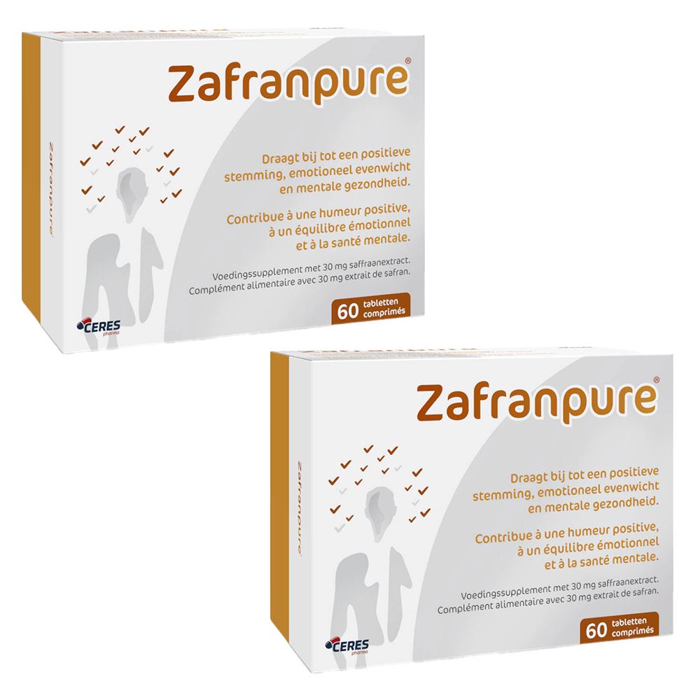 Twee verpakkingen Zafranpure®. Witte dozen met bruine tekst en illustraties. Tekst in het Nederlands en Frans. 60 tabletten.