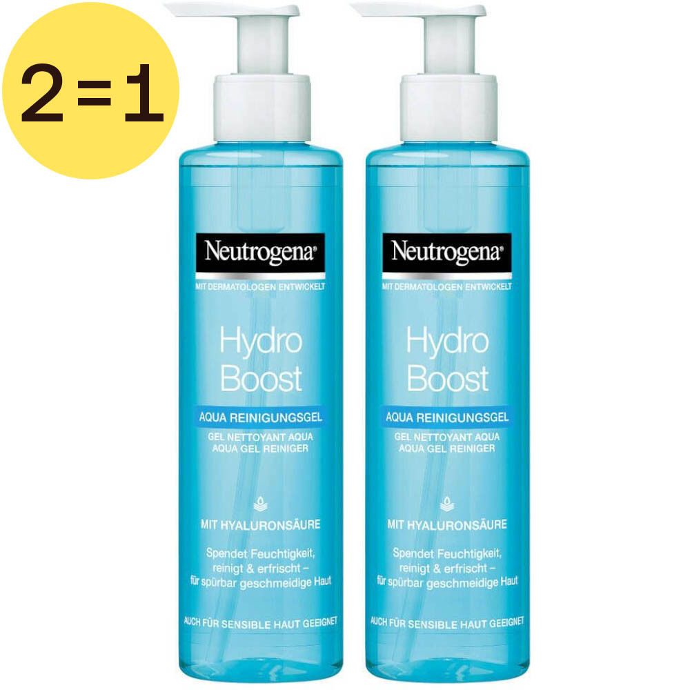 Deux flacons bleus avec pompe blanche. Inscription: Hydro Boost Aqua Gel Nettoyant. Cercle jaune avec "2=1".