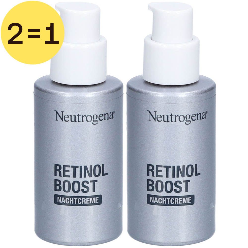 Deux flacons de Neutrogena Retinol Boost Crème de Nuit avec pompe doseuse. Autocollant: 2=1.