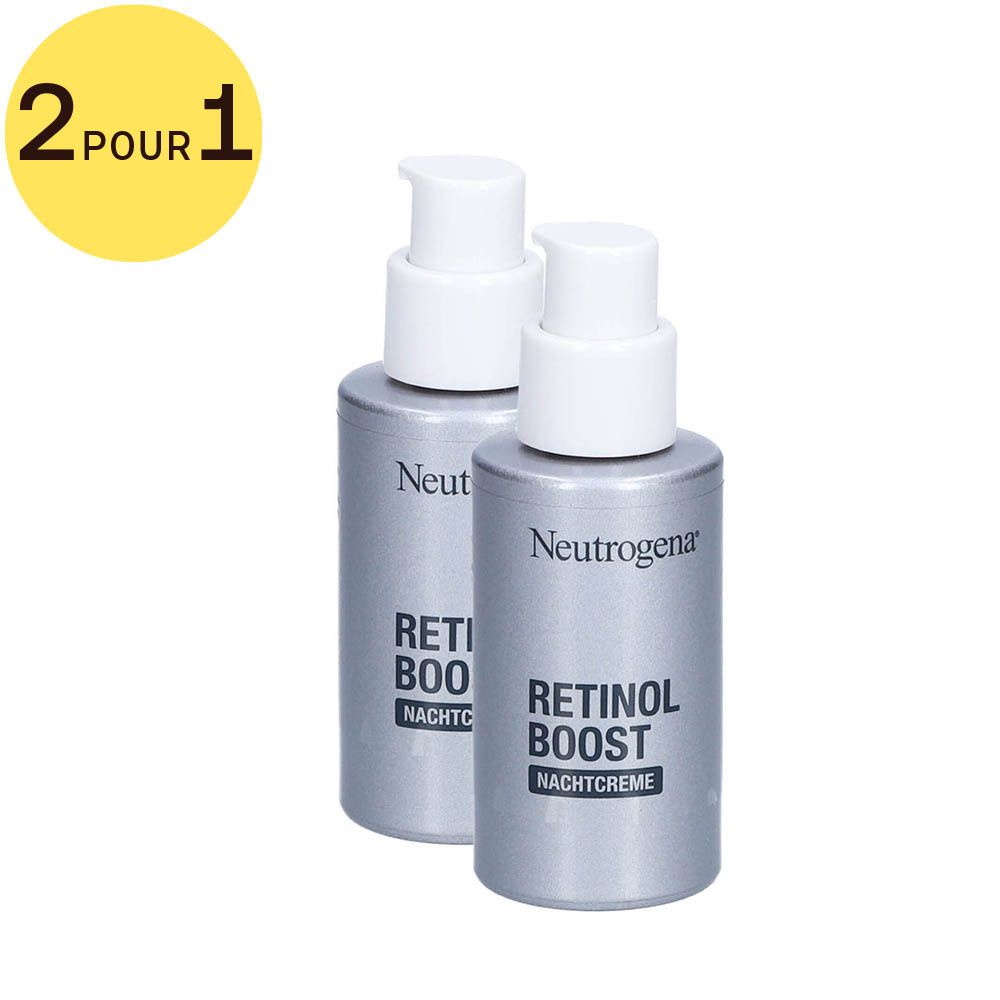 Deux flacons de Neutrogena Retinol Boost Crème de Nuit avec pompe doseuse. Autocollant: 2 pour 1.