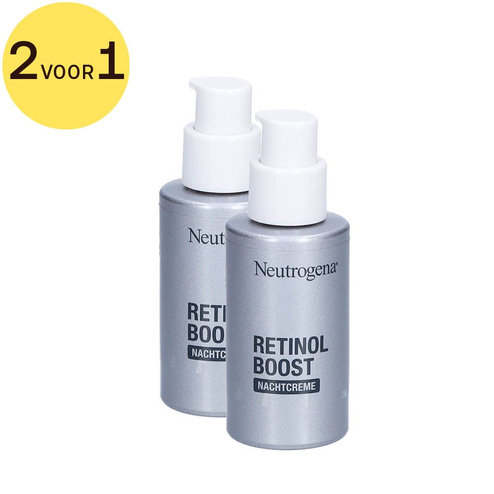 Twee flacons Neutrogena Retinol Boost Nachtcrème met doseerpomp. Sticker: 2 voor 1.