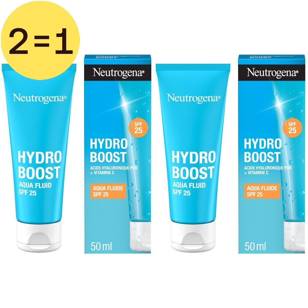 Deux tubes et deux boîtes. Inscription: Hydro Boost Aqua Fluid SPF 25. Symbole jaune 2=1. Boîtes: 50ml.