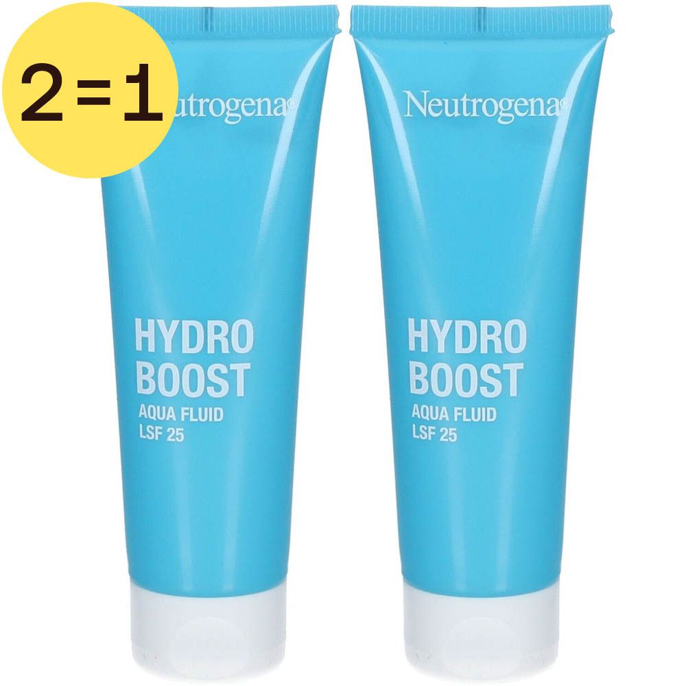 Deux tubes bleus avec bouchon blanc. Inscription: Hydro Boost Aqua Fluid SPF 25. Symbole jaune 2=1.