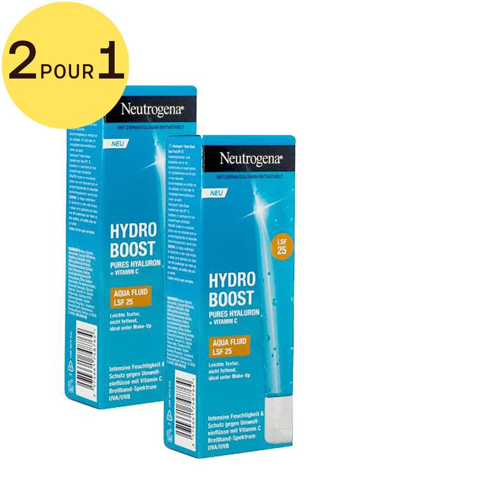 Deux boîtes. Inscription: Hydro Boost Aqua Fluid SPF 25. Symbole jaune 2 pour 1. Boîtes.