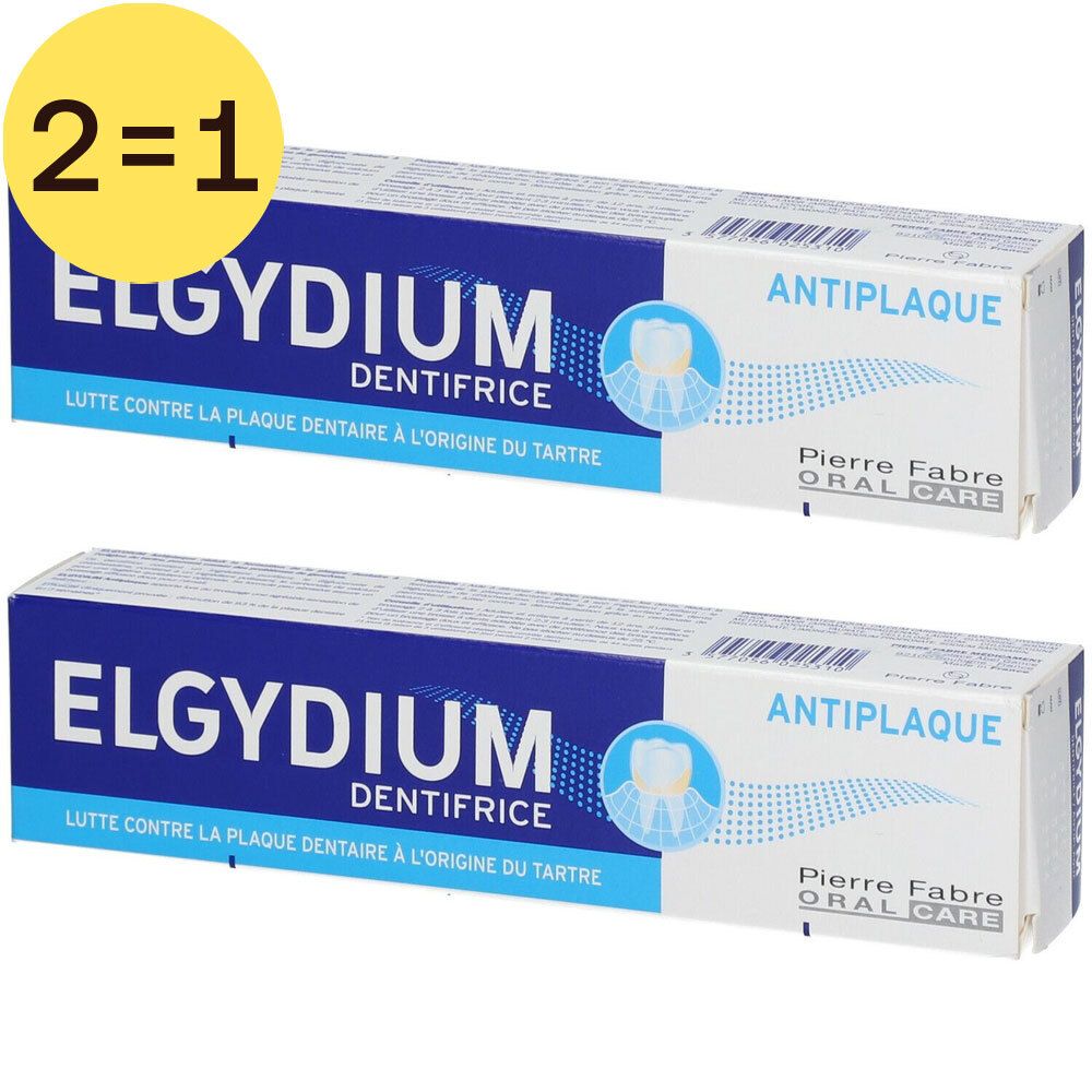Twee tubes tandpasta Elgydium Antiplaque. Geel label 2=1.
