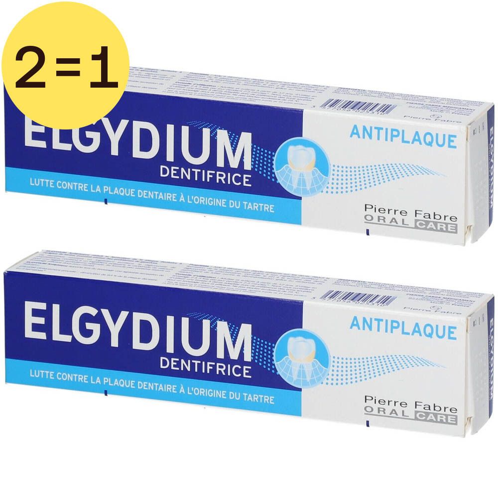 Deux tubes de dentifrice Elgydium Antiplaque. Label jaune 2=1.