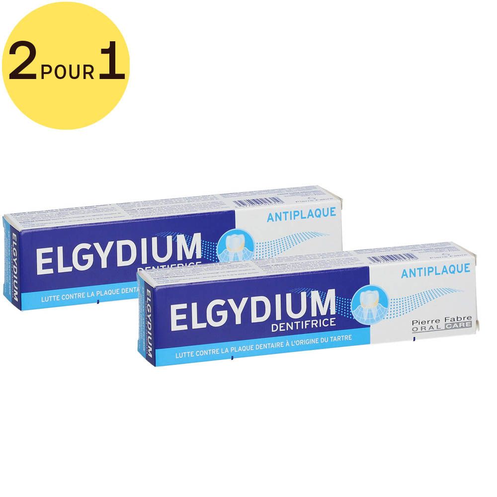 Deux tubes de dentifrice Elgydium Antiplaque. Label jaune 2 pour 1.