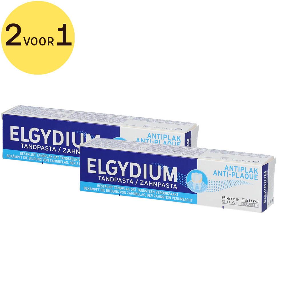Twee tubes tandpasta Elgydium Antiplaque. Geel label 2 voor 1.