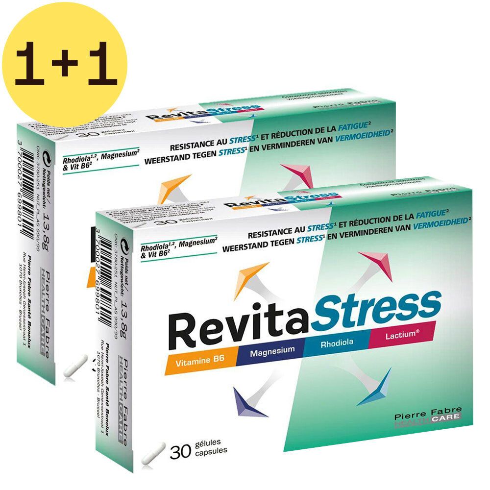 Twee dozen RevitaStress met de tekst "1+1 GRATIS". Elke doos bevat 30 capsules. Opschrift: "RESISTANCE AU STRESS". 
