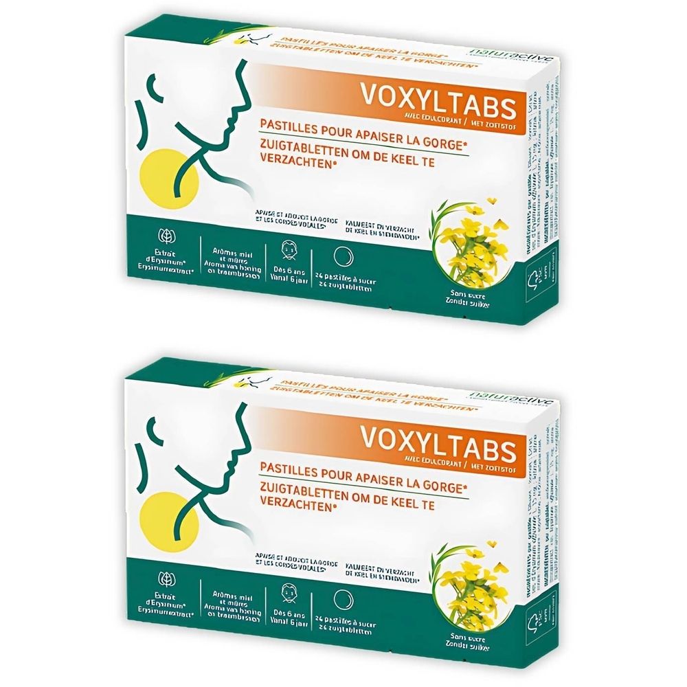 Deux boîtes de Voxyltabs. Emballage blanc avec texte orange. Inscription : Pastilles pour apaiser la gorge. Avec illustration.