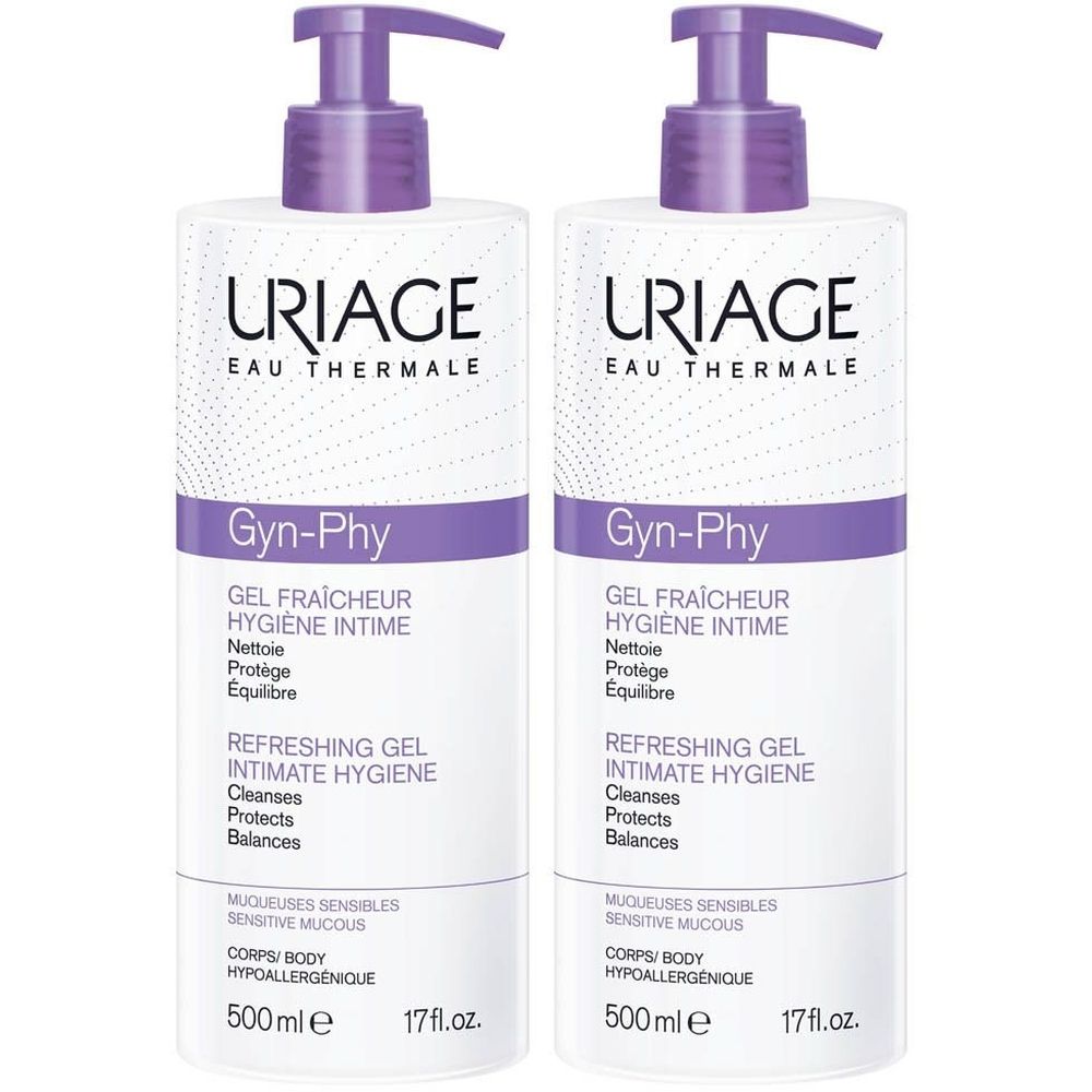 Twee flessen Uriage Gyn-Phy intieme hygiëne gel met paarse pomp. Opschrift: Gyn-Phy, Refreshing Gel, 500ml.