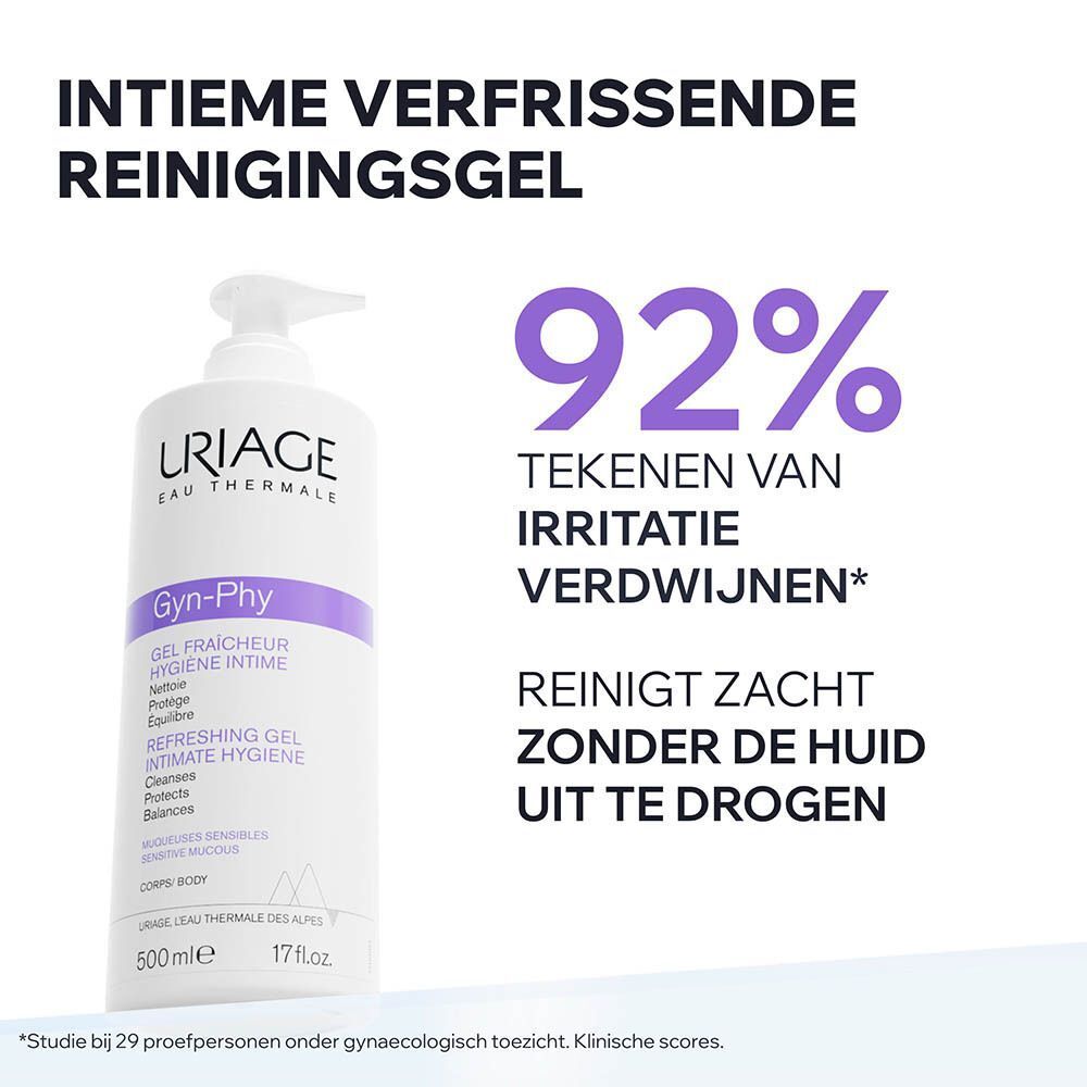 Twee witte pompflesjes URIAGE GYN-PHY Verfrissende Gel Intieme Hygiëne, 500ml, met '2=1*'-sticker.