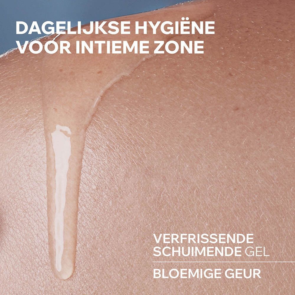 Eén wit pompflesje URIAGE GYN-PHY Verfrissende Gel Intieme Hygiëne, 500ml, met dermatologen-zegel.