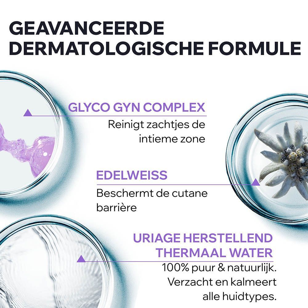 Eén wit pompflesje URIAGE GYN-PHY Verfrissende Gel Intieme Hygiëne, 500ml, met tekst over effectiviteit.