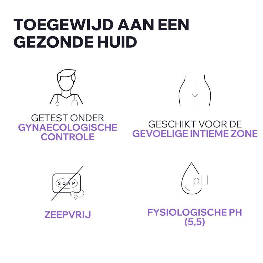 Gel druppelt op huid, tekst 'Dagelijkse Hygiëne Intieme Zone' en 'Verfrissende Schuimende Gel'.
