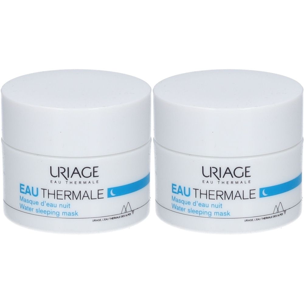 Deux pots blancs avec couvercles. Inscription: URIAGE EAU THERMALE, Masque d'eau nuit, Water sleeping mask. Bande bleue et symbole de lune.