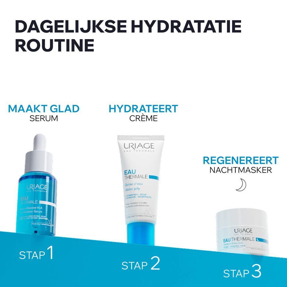 Drie Uriage-producten voor de dagelijkse routine: serum, crème en nachtmasker.