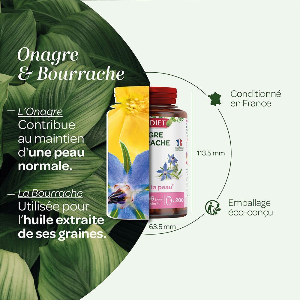 Flacon SUPER DIET Onagre Bourrache avec illustrations florales. Dimensions : 113,5 mm de haut, 63,5 mm de large. Emballage éco-conçu.