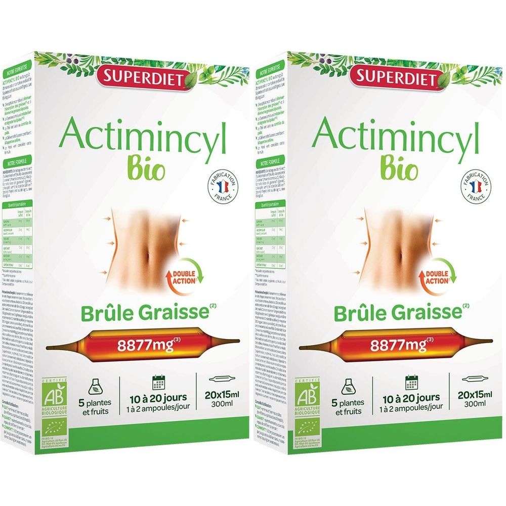 Deux boîtes Actimincyl Bio. Inscription: Brûle Graisse, 8877mg, 5 plantes et fruits, 10 à 20 jours, 20x15ml, 300ml. Avec label AB bio.