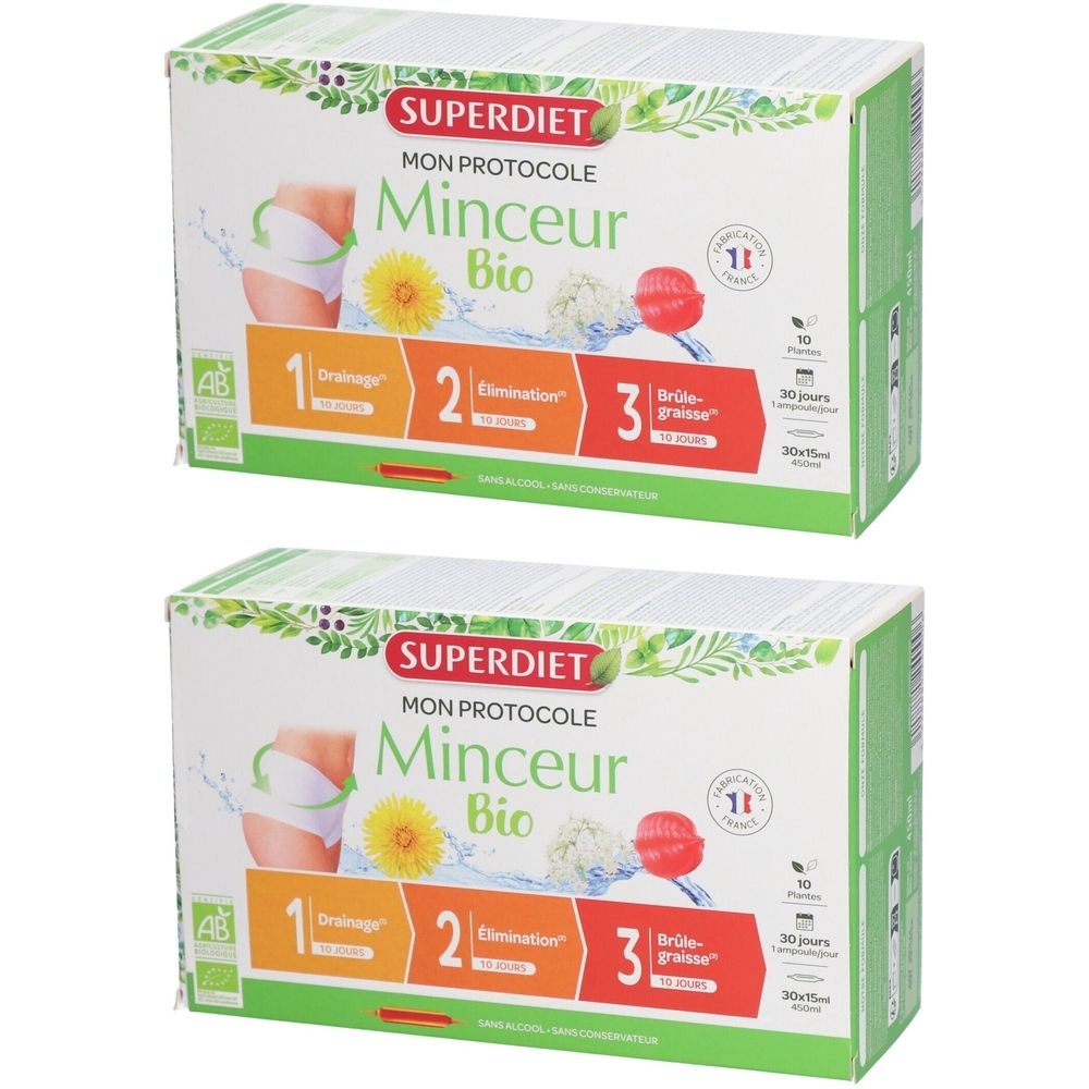 Twee dozen met productopdrukken. Opschrift: SUPERDIET, Minceur Bio, 1, 2, 3. Groene en witte verpakking met illustraties.