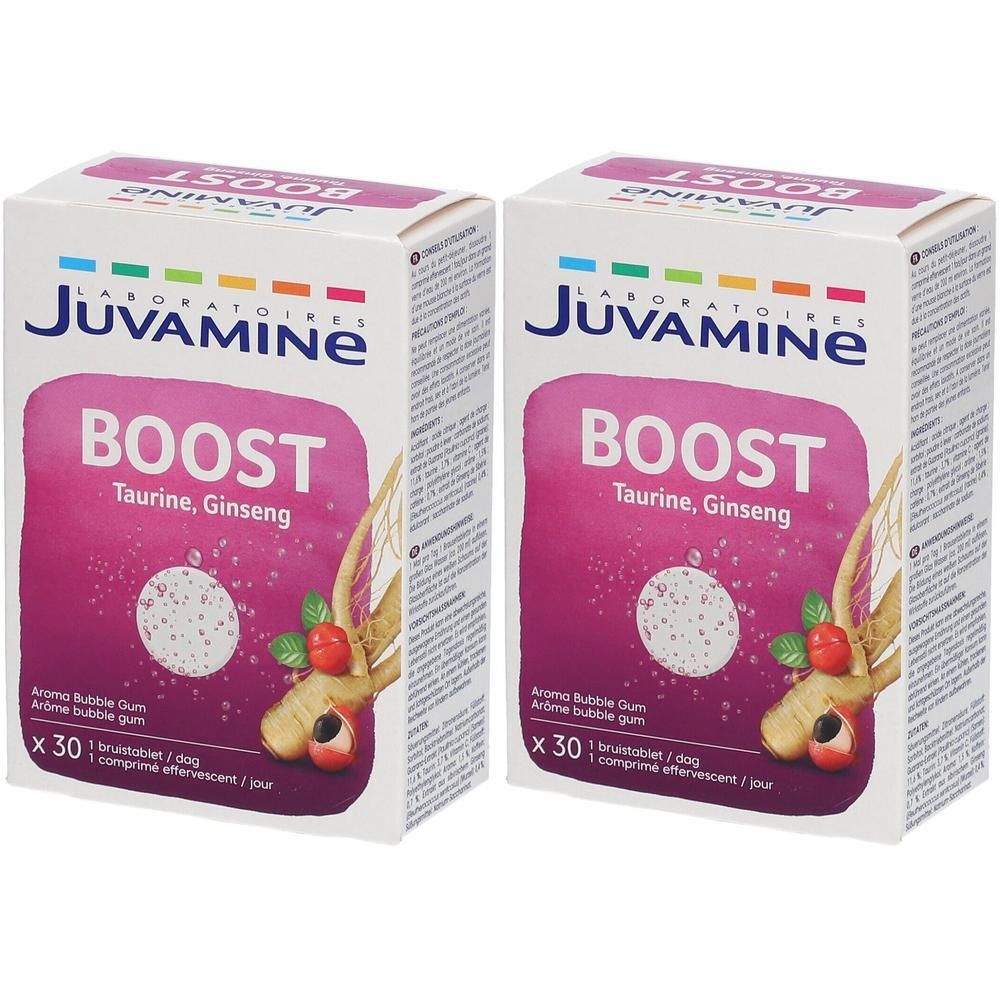 Deux boîtes de Juvamine Boost. Inscription: BOOST, Taurine, Ginseng. Illustration de ginseng et fruit. Contient 30 comprimés effervescents.