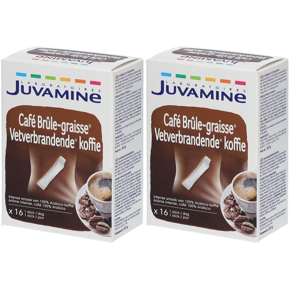 Deux paquets de café Juvamine avec des tasses et des grains de café. Texte : 'Café Brûle-graisse'.