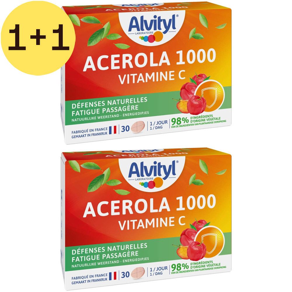 Twee dozen Alvityl Acérola 1000 Vitamine C. Oranje verpakking met productnaam en informatie. 30 tabletten per doos.