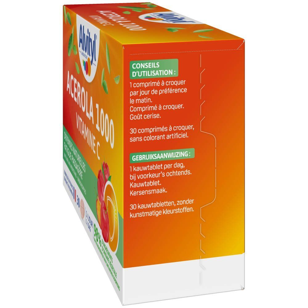 Zijaanzicht van de Alvityl Acérola 1000 verpakking. Tekst: instructies, 30 tabletten, zonder kunstmatige kleurstoffen.