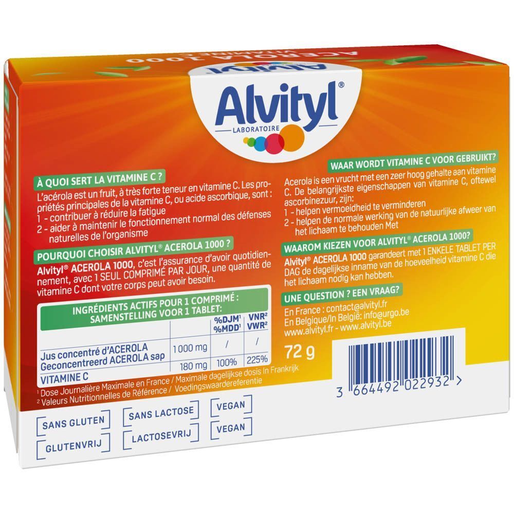 Dos de l'emballage Alvityl Acérola 1000. Texte : ingrédients, sans gluten, sans lactose, vegan.