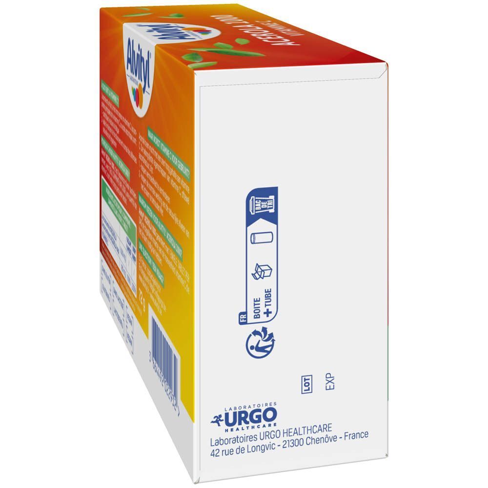 Zijaanzicht van de Alvityl Acérola 1000 verpakking. Logo Urgo Healthcare. Tekst: Boîte + Tube.
