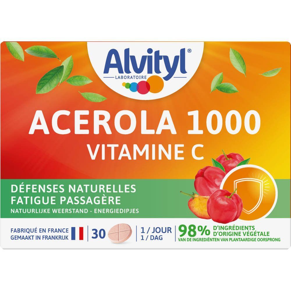 Voorkant van de Alvityl Acérola 1000 verpakking. Productnaam, vitamine C, 30 tabletten, 98% plantaardige oorsprong.