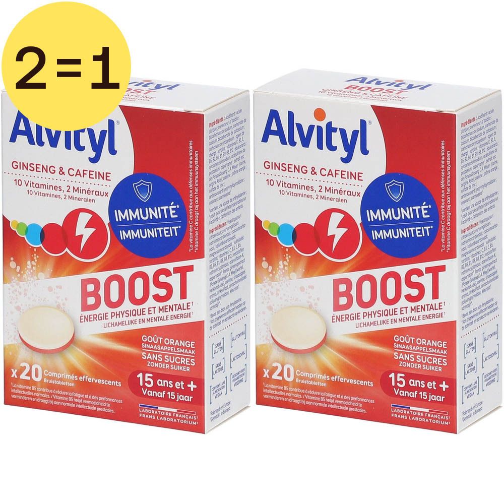 Twee verpakkingen Alvityl Boost. Rode verpakking met witte tekst. Bevat 20 bruistabletten. Met ginseng, cafeïne, vitaminen en mineralen.