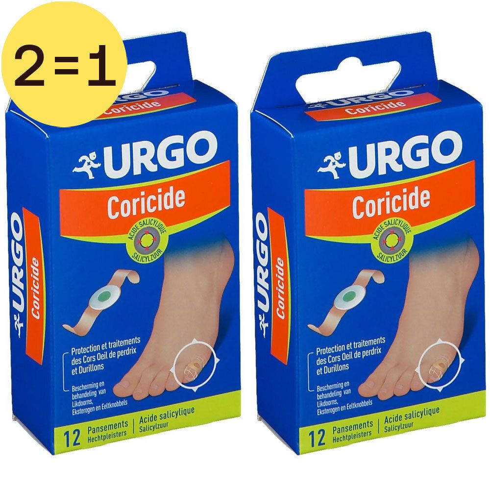Twee verpakkingen Urgo Coricide. Blauwe dozen met productnaam en afbeelding van een voet met likdoorn. 2=1 actie.