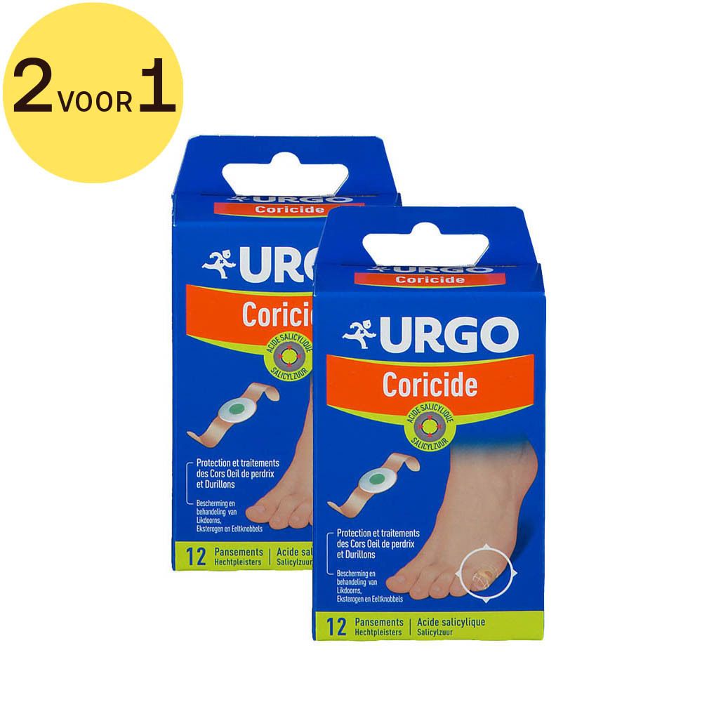 Twee verpakkingen Urgo Coricide. Blauwe dozen met productnaam en afbeelding van een voet met likdoorn. 2 voor 1.